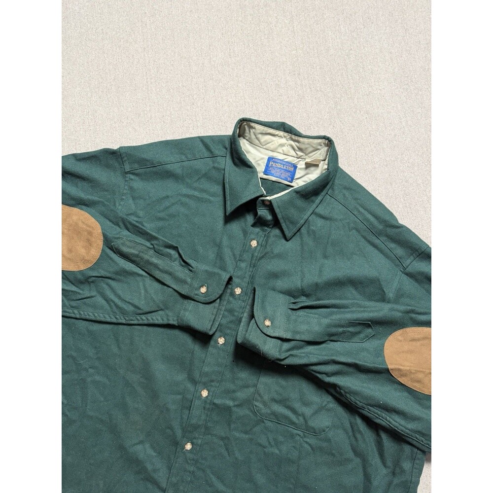 Pendleton Shirt Womens 2X Green Virgin Wool Button Up Elbow Patches Long Sleeve